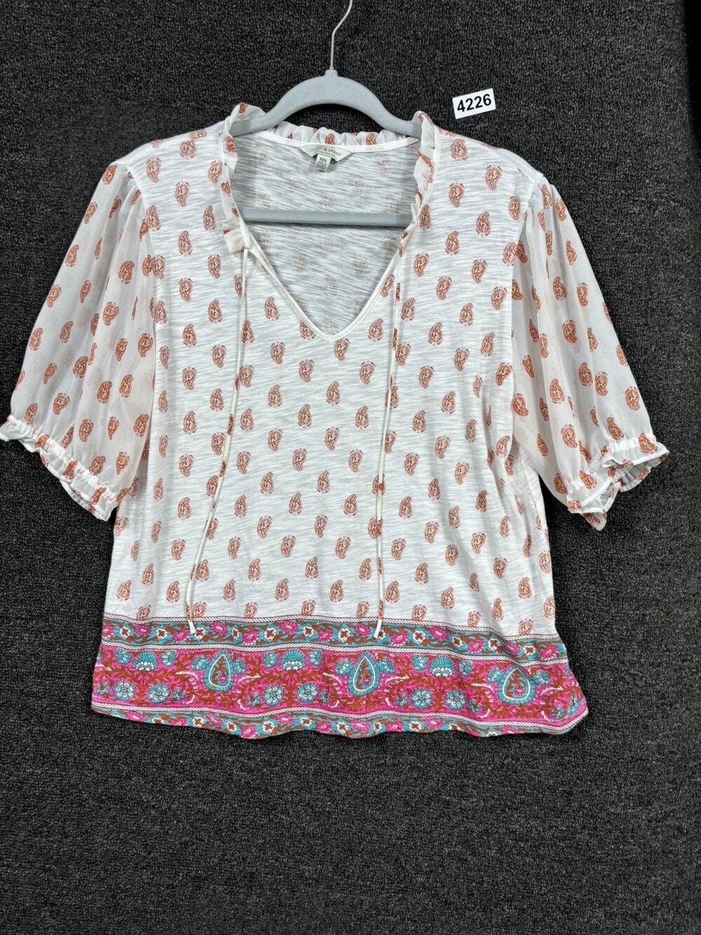 Boho Print V-Neck Women’s Top in White and Coral